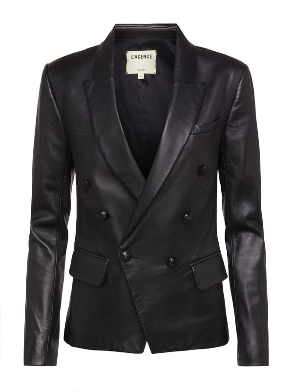 L'AGENCE Kenzie Leather Blazer In Black/Black