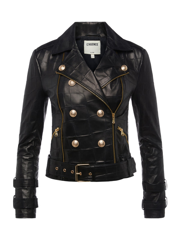 L'AGENCE Billie Belted Leather Jacket In Black Large Croc