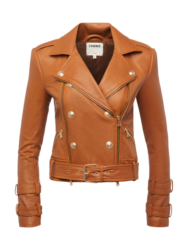 L'AGENCE Billie Belted Leather Jacket In Cognac
