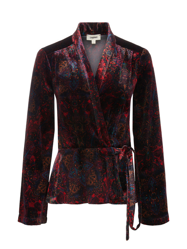 L'AGENCE Olive Wrap Blouse In Black/Red Medallion Paisley