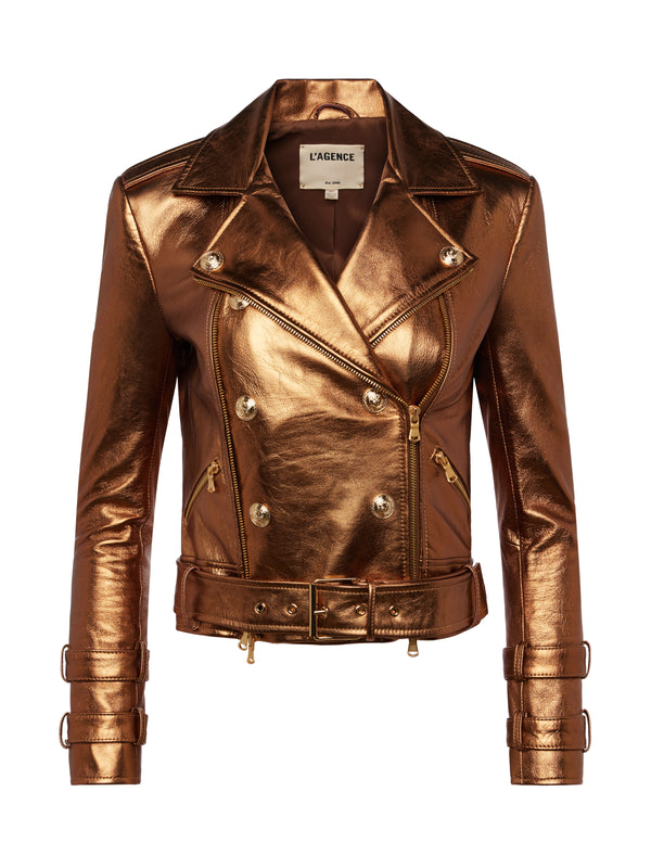 L'AGENCE Billie Belted Leather Jacket In Gold