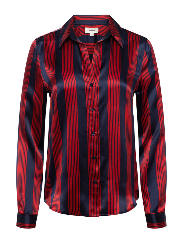 L'AGENCE Tyler Blouse In Red Dahlia/Midnight Mix Stripe